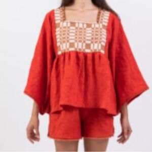 NWT Nina Leuca Corona Top‎ Burgundy linen size x small